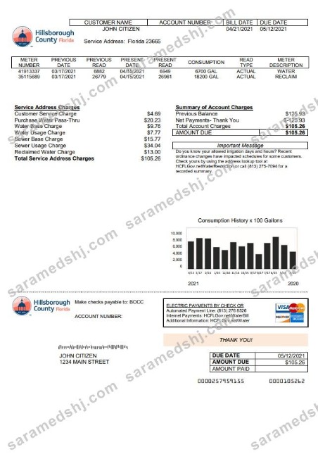 USA Hillsborough County utility bill template in Word and PDF format